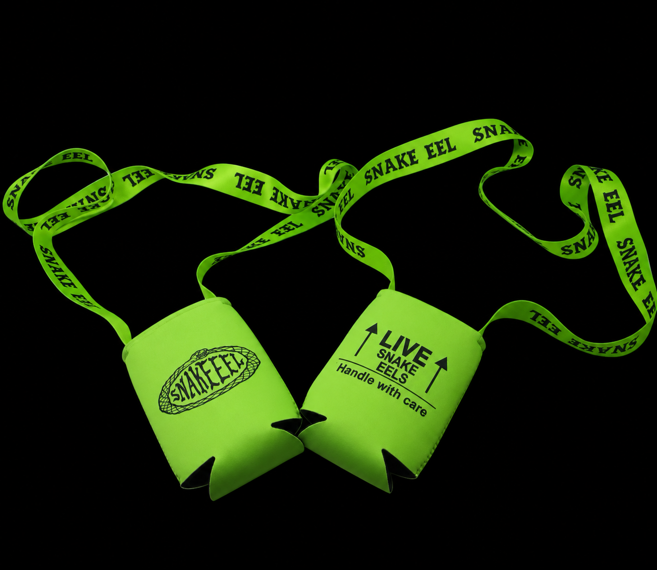 Two green Snake Eel Drank Necklace koozies with printed lanyards